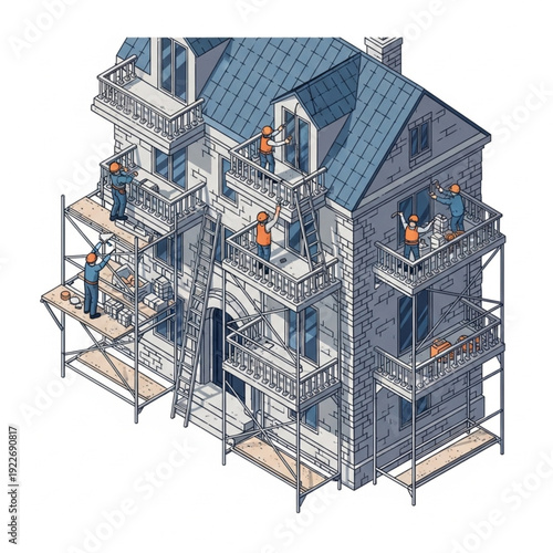 Construction workers renovating a multi-story house with scaffolding.