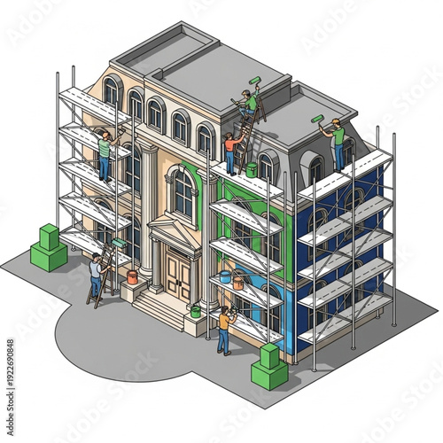 3D illustration of building renovation with workers on scaffolding.