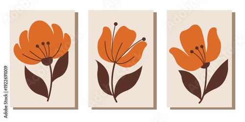 Minimalist posters, abstract floral shapes in terracotta orange and dark brown on a beige background, triptych of three posters