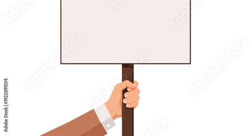 A hand holding a signboard on a wooden stick from a lower viewpoint