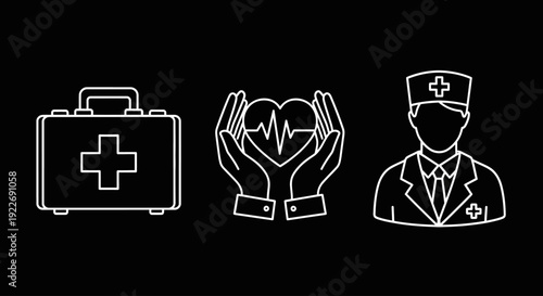 Medical assistance icons representing care and health services in a simple line art style