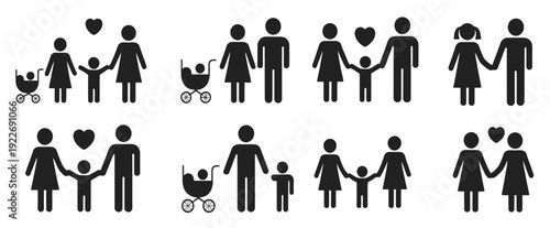 collection of black family icon pictograms with different