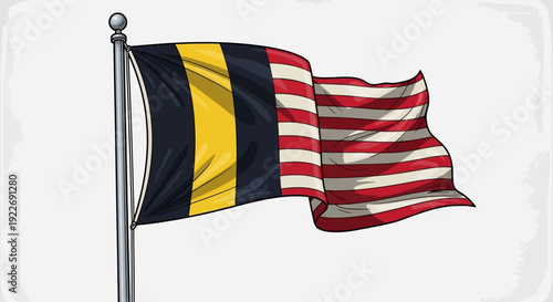 Flags of Belgium and America waving together on a flagpole in a symbolic gesture of unity and cooperation between the two nations