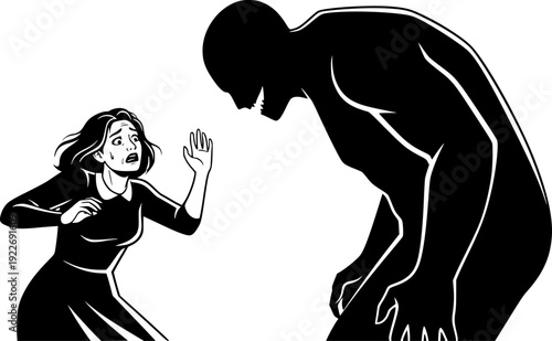 Frightened woman confronting a looming sinister figure in a brus
