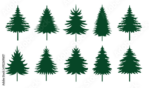 Set green Spruce Trees. Winter season design elements and simply pictogram. Isolated vector Christmas Tree Icons and Illustration.