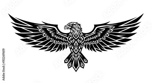 Majestic eagle with tribal design spread its wings in black