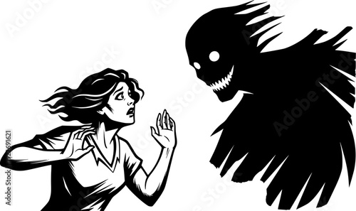 Frightened woman confronting a looming sinister figure in a brus
