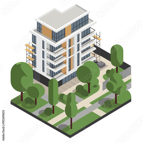 Modern multi-story building under construction with scaffolding and trees surrounding the property.