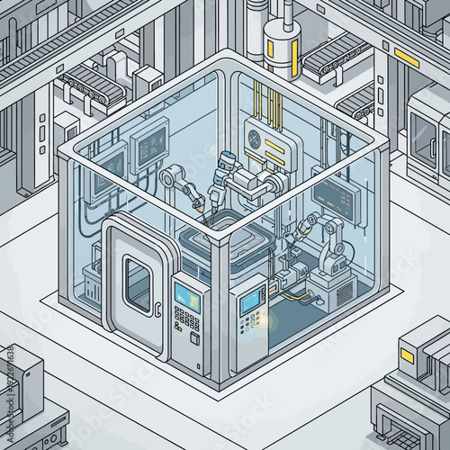Futuristic laboratory equipment in a cleanroom environment with advanced machinery.