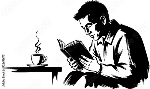 Sumi-e illustration depicting a man enjoying coffee while readin
