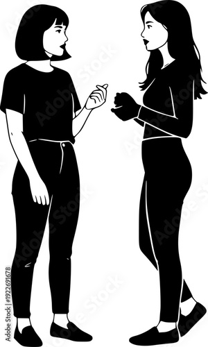 Two young women engrossed in a deep conversation, minimalist bla
