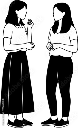 Two young women engrossed in a deep conversation, minimalist bla
