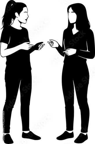 Two young women engrossed in a deep conversation, minimalist bla
