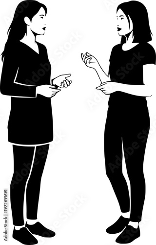 Two young women engrossed in a deep conversation, minimalist bla
