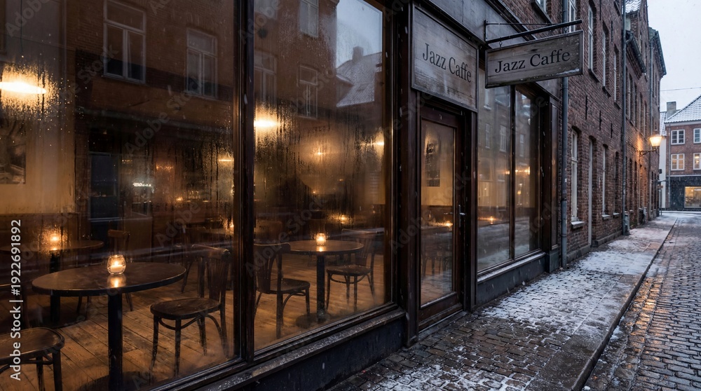 Fototapeta premium Quiet winter street with a cozy cafe window glowing warmly, capturing a peaceful urban evening atmosphere with snow and reflections.