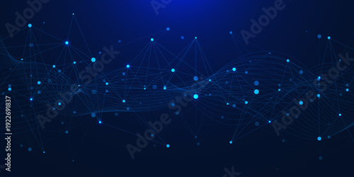 Futuristic digital network connection with plexus and wave flow on dark blue background. Modern big data visualization. Design for science, research and technology. Vector