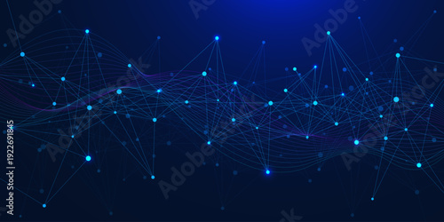 Digital technology network connection and science background. Abstract glowing plexus and wave flow. Vector