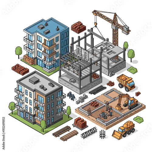 Isometric illustration of building construction process with crane and vehicles.