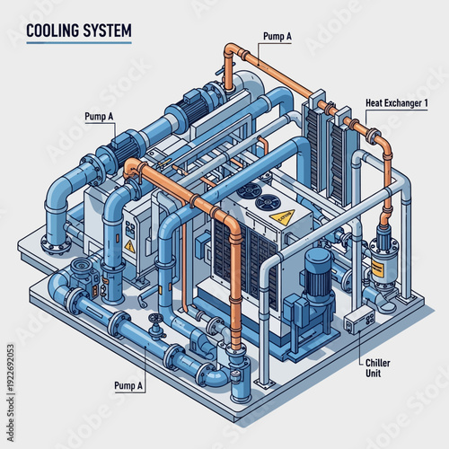 Detailed diagram of a complex industrial cooling system with labeled components.