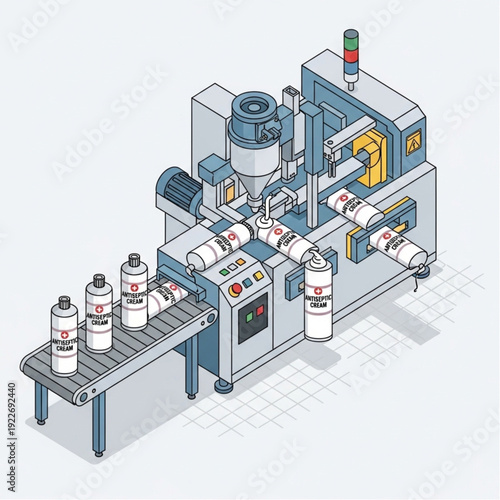 Industrial manufacturing equipment with conveyor belt and machinery.