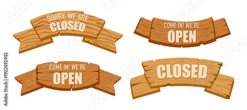 Closed and open wooden sign boards. Cartoon hanging information boards for cafe, bar or retail store wood board flat vector illustration set. Wooden open or closed sign boards isolated on white