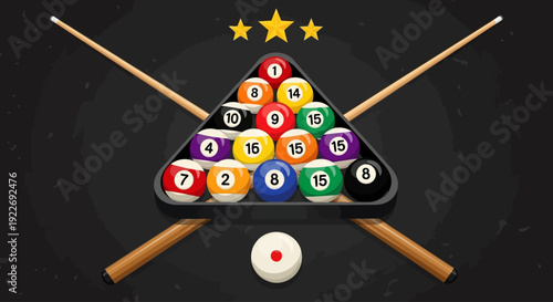 Billiard balls arranged in a triangular rack with cues on a pool table, viewed from directly above