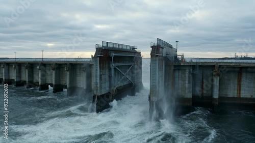Hydroelectric dam releasing water with cloudy sky overhead - 4k video