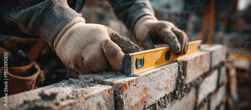 Construction worker's hands placing a brick on mortar, using a spirit level to ensure accuracy during modern wall building