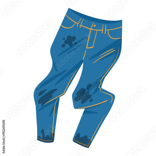 Dirty jeans. Wrinkled stained clothes, laundry apparel flat vector illustration. Stained dirty pants isolated on white background