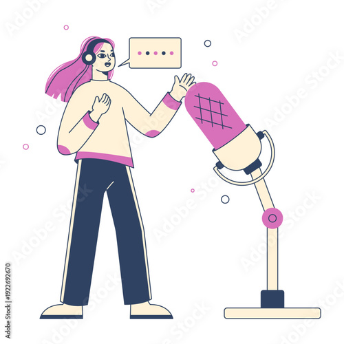 Female character record podcast. Woman audio podcast or talk show recording, broadcast radio talk show, podcast audio record flat vector illustration. Female radio host scene
