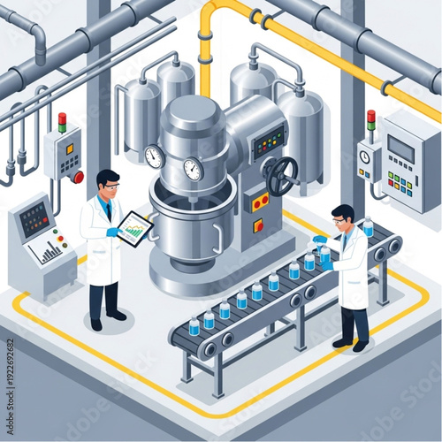 Scientists working in a modern industrial laboratory with machinery and equipment.