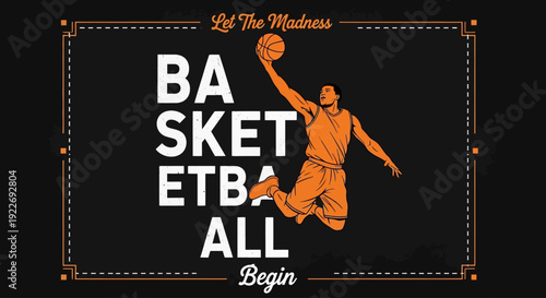 Dynamic basketball player in mid-air, ball in hand, surrounded by bold typography on a dark background, energetic sports illustration