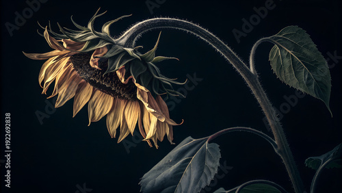 Gothic Wilted Sunflower — Dark, moody, partially decayed petals on black.
