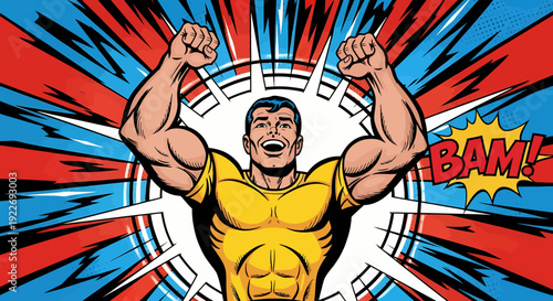 Comic book hero in vibrant colors, flexing muscles and showing excitement. A bold and dynamic pop art style depiction of a man's power and enthusiasm