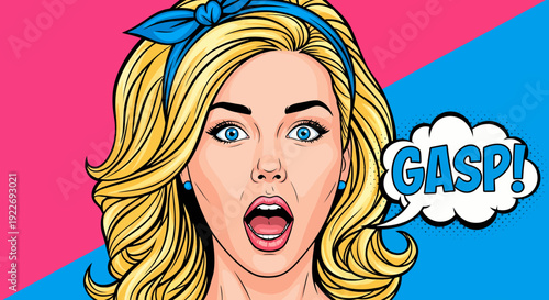 A Pop Art Illustration of a Shocked Blonde Woman with a GASP! speech bubble, expressing surprise