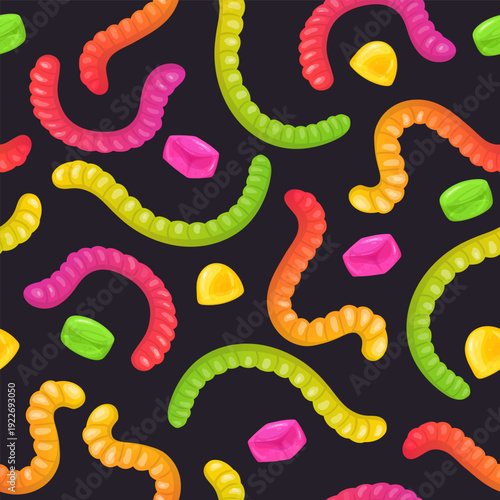 Gummy worms seamless pattern. Jelly worms marmalade endless design, chewy jelly candies flat vector background illustration. Cartoon jelly sweets endless backdrop