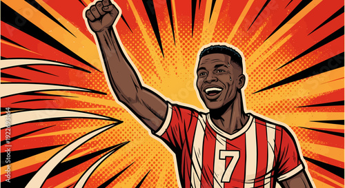 A soccer player celebrates a goal with arms raised in victory against a comic-book background. The player has a big smile on his face