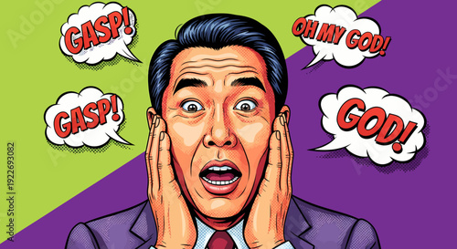 A pop art style illustration of an Asian man expressing shock and disbelief