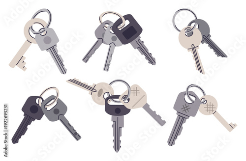 Simple apartment or house door keys. Key bunches, silver door key bunches flat vector illustration set. Cartoon real estate property keys isolated on white background