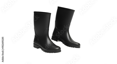Black Rubber Boots PNG. Pair of dark black rain wellies floating isolated. Waterproof protective footwear for wet autumn weather industrial work and muddy puddles PNG