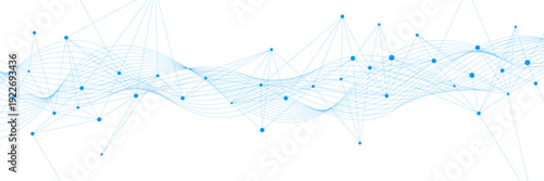 Abstract technology background with blue plexus and wave flow. Modern big data visualization and network connection. Design for scientific research. Vector