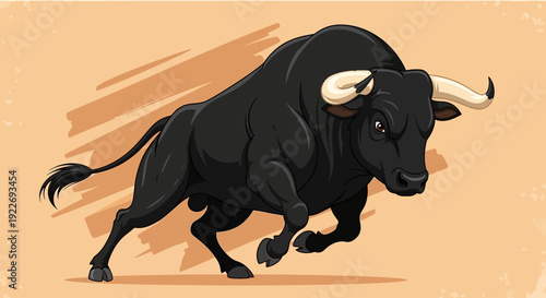 A black bull with large white horns in mid-charge, depicted in a dynamic illustration, conveying power and energy