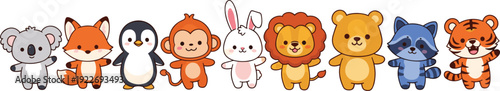 Adorable Kawaii Style Wild Animal Vector Collection Featuring Tiny Lion, Tiger, Bear, Penguin, and Koala Characters for Children’s Apparel, Stickers, and Baby Shower Invitations