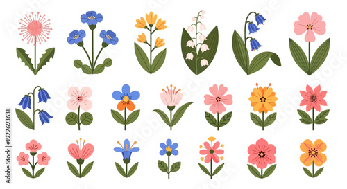 A vibrant digital illustration of various colorful flowers arranged in a grid pattern on a clean white background, viewed from directly above.