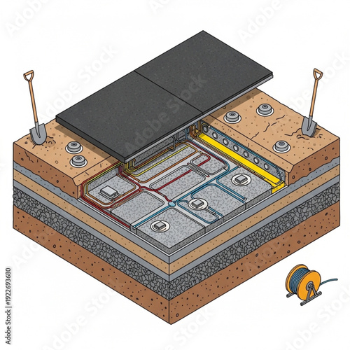 Detailed cross-section of a flat roof with multiple layers and waterproofing system.