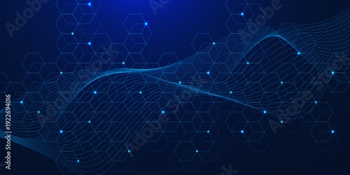 Biotechnology digital background with hexagons pattern and wave flow. Futuristic network connection and communication. Design for science and technology. Vector