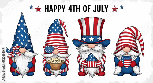 Patriotic gnomes celebrating 4th of July with American flags and decorations in a festive scene