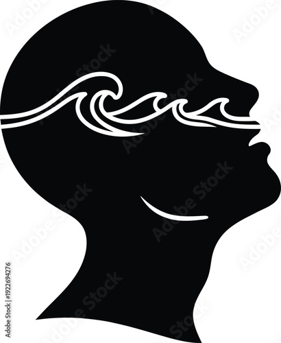 Conceptual Vector Illustration of a Human Head Profile with Ocean Waves Inside, Representing Mental Health, Flow State, Subconscious Thoughts, and Psychological Wellbeing