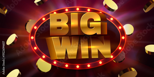 Golden Big Win Text with Glowing Frame and Falling Coins