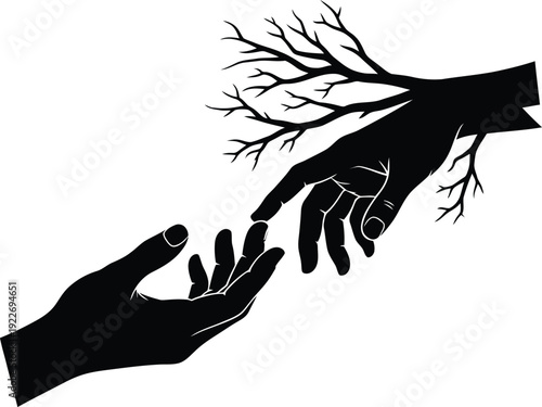 Minimalist Silhouette of Human Hand Reaching Out to Tree Branch Hand, Environmental Connection, Nature Conservation, and Sustainable Growth Concept Vector Illustration